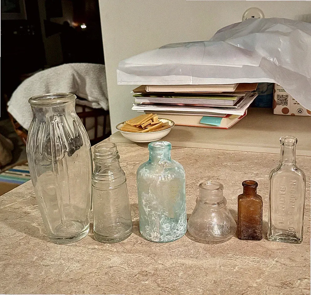 6 Antique Bottles Sharp & Dohme Rumford Carter’s Cone Ink Durkee McCormick Etc